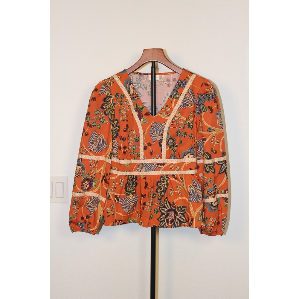 Spartina 449 Orange Floral Print Lace Trim Peplum V Neck Long Sleeve Blouse XS
